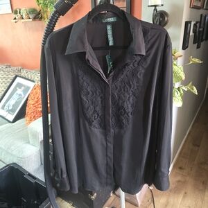 RALPH‎ LAUREN Women's XL Black Lace Front Button Up